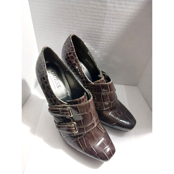 Guess by Marciano Animal Print Front Side Buckle Brown Size 5M About 4.5" Heels - Picture 5 of 11